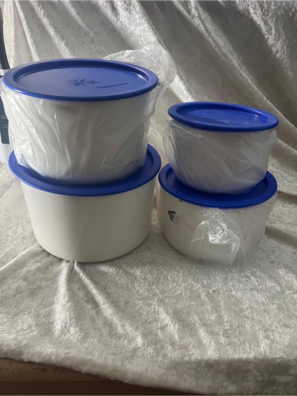Tupperware White Bowls with Blue Lids - Set of 4